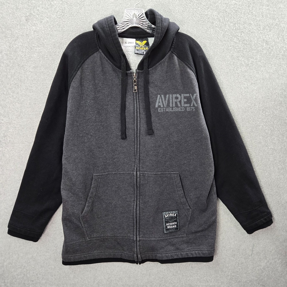 Avirex‎ Men Sweatshirt Large Gray Colorblock Hoodie Logo Full Zip Drawstring Y2K